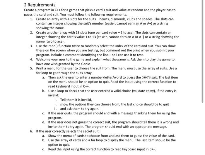 Solved 2 Requirements Create a program in C++ for a game | Chegg.com