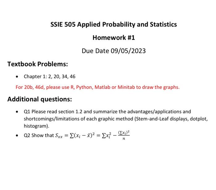 Solved SSIE 505 Applied Probability and Statistics Homework | Chegg.com