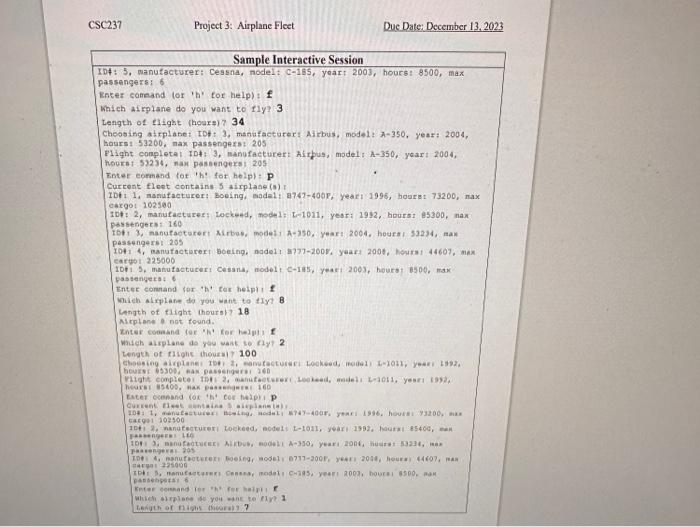 Solved csc237 Projact 3: Airplane Floe Due Dak: December | Chegg.com