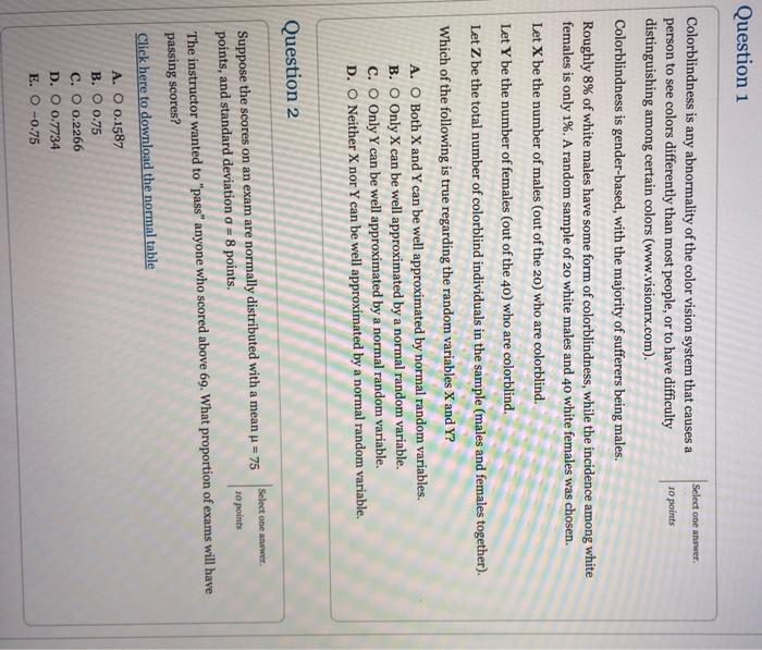 Solved Question 1 Select one answer 10 points Colorblindness | Chegg.com