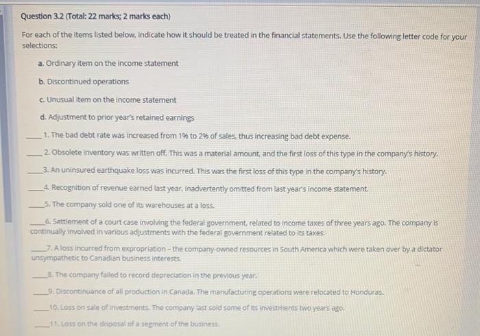 Solved Question 3.2 (Total: 22 marks, 2 marks each) For each | Chegg.com