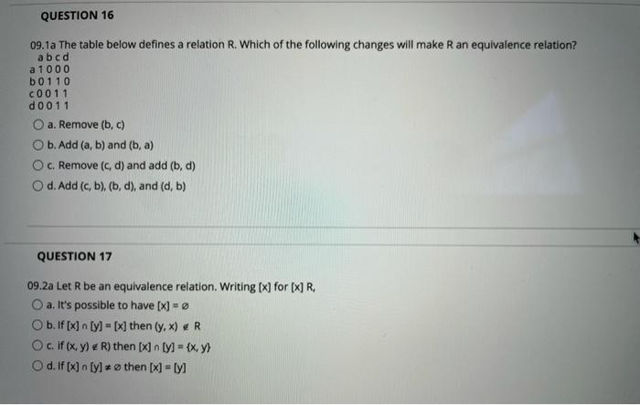 Solved QUESTION 16 09.1a The table below defines a relation | Chegg.com