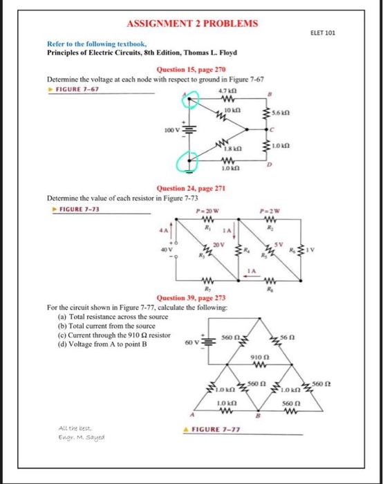 ASSIGNMENT 2 problems elet 101 refer to the following textbook, principles of electric circuits, 8th edition, thomas l. floyd