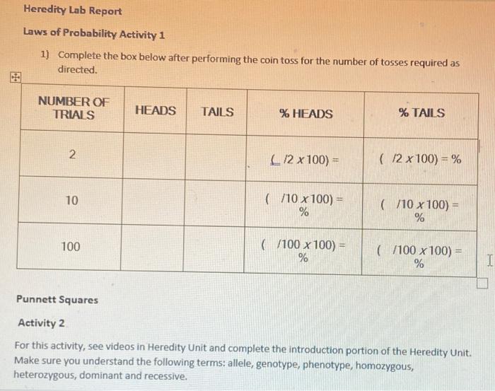 Solved Heredity Lab Report Laws of Probability Activity 1 1