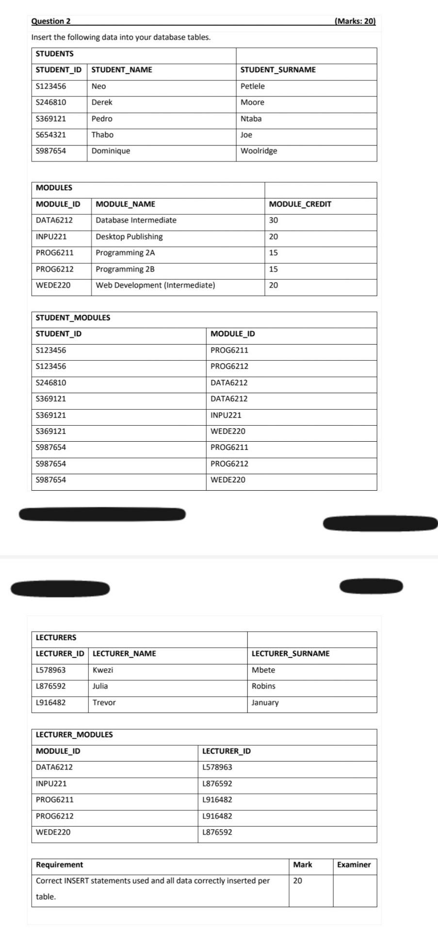 Solved Question 2 (Marks: 20) Insert the following data into | Chegg.com