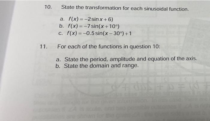 Solved 10. State the transformation for each sinusoidal | Chegg.com