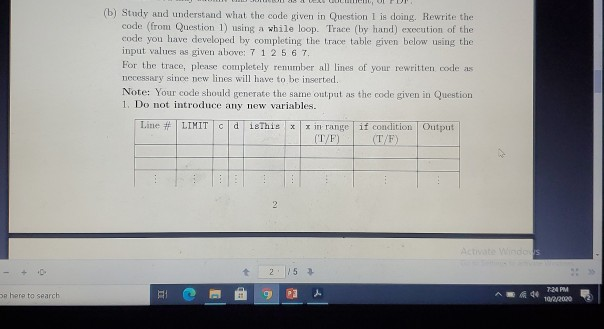Trace Answers Code Solved (b) Study and understand what the code given in | Chegg.com