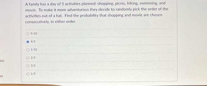 Solved A family has a day of 5 activities planned: shopping, | Chegg.com