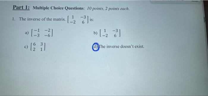 Solved : Part 1: Multiple Choice Questions: 10 points, 2 | Chegg.com