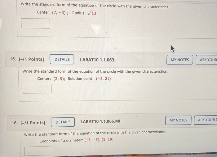 Solved Write the standard form of the equation of the circle | Chegg.com