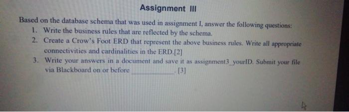 Solved Assignment III Based on the database schema that was | Chegg.com