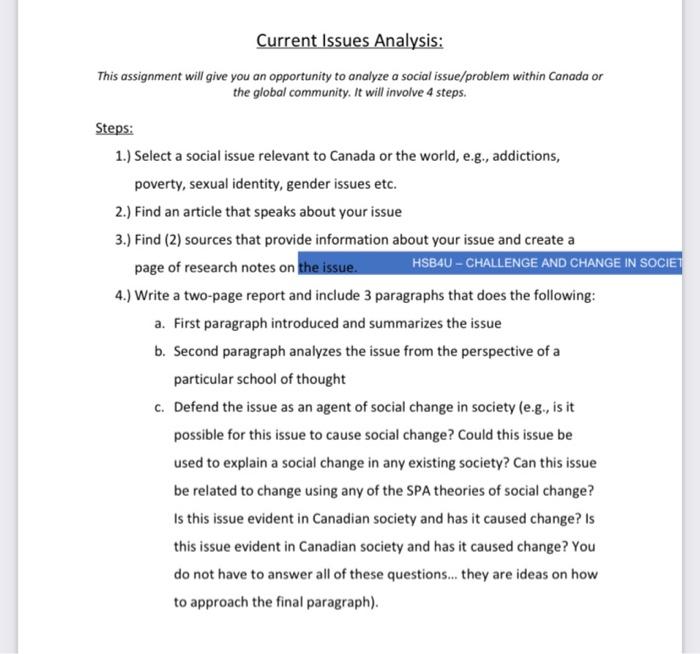 Current Issues Analysis: This assignment will give | Chegg.com