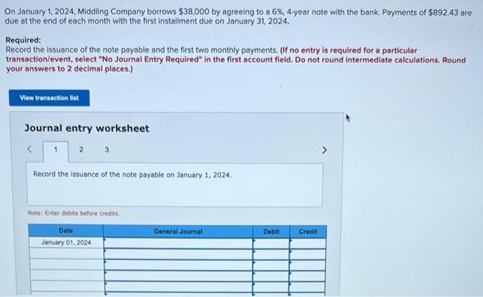 Solved On January 1 2024 Middling Company Borrows 38 000 Chegg Com   Image