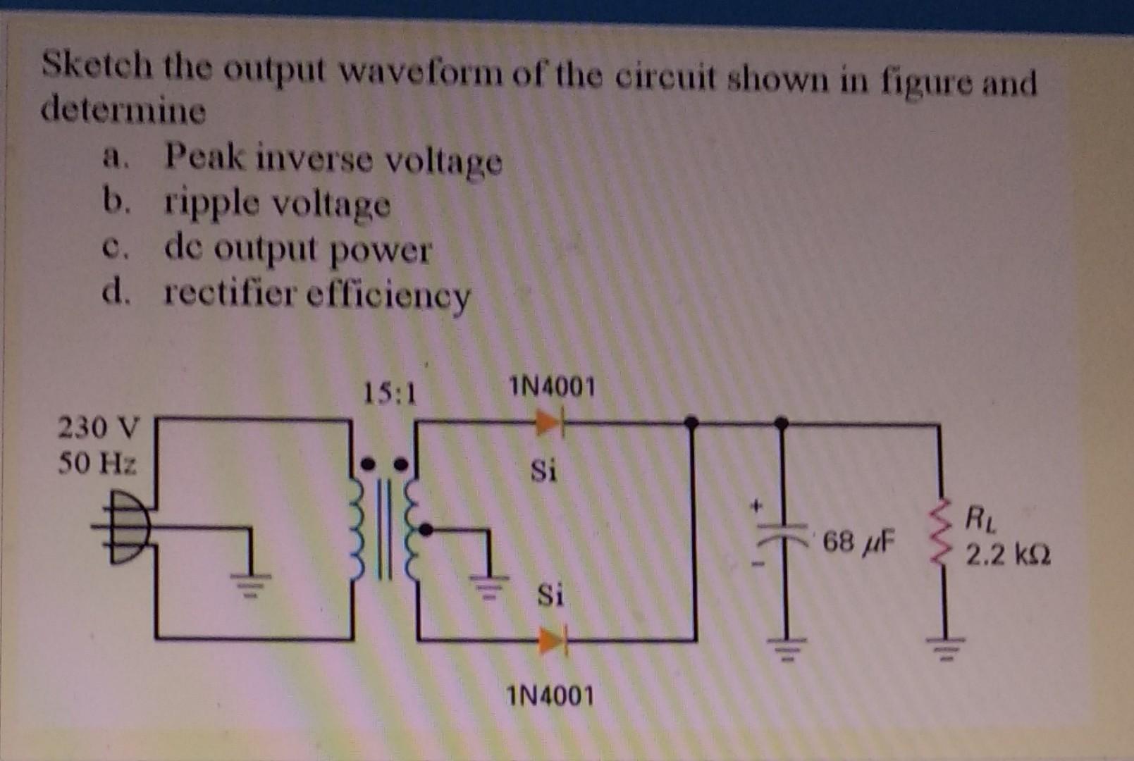 Solved Sketch output waveform and determine a) Peak inverse | Chegg.com