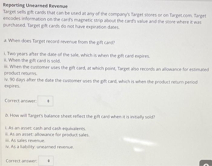 Solved Reporting Unearned Revenue Target sells gift cards