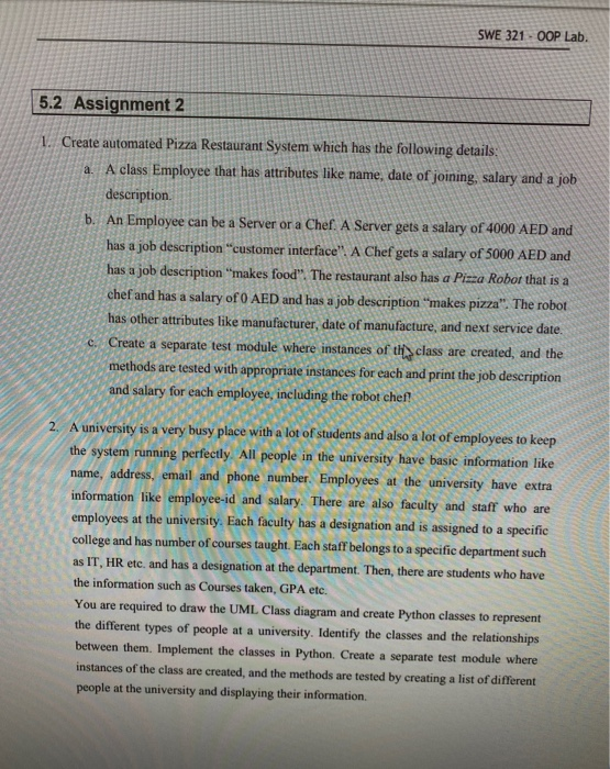 Solved SWE 321 - OOP Lab. 5.2 Assignment 2 1. Create | Chegg.com