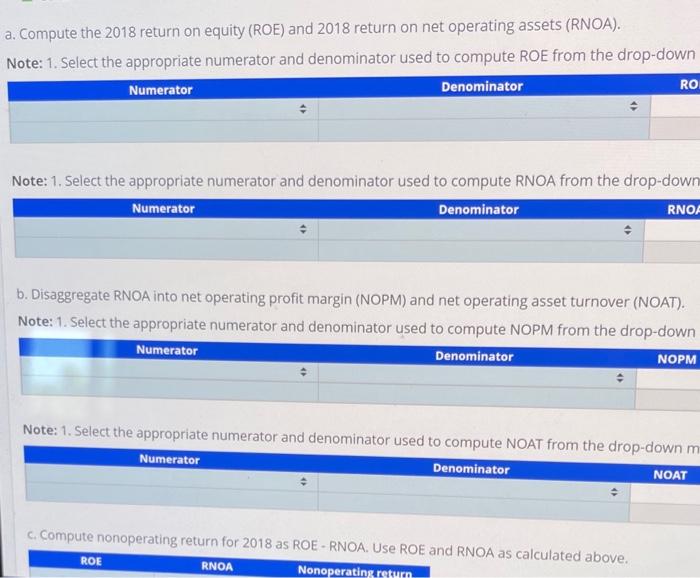 a. Compute the 2018 return on equity (ROE) and 2018 return on net operating assets (RNOA).
Note: 1. Select the appropriate nu