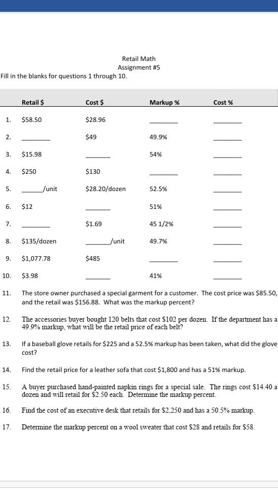 Solved Retail Math Assignment #5 Fill in the blanks for | Chegg.com