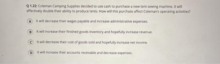 Solved Q1.22: Coleman Camping Supplies decided to use cash | Chegg.com