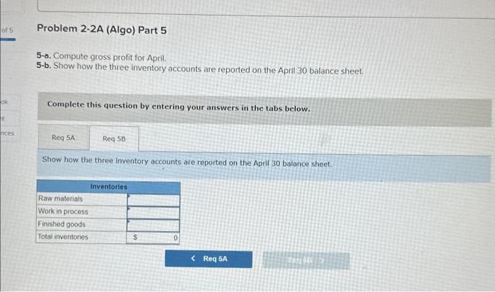 5-a. Compute gross profit for April.
5.b. Show how the three inventory accounts are reported on the April 30 balance sheet.
C