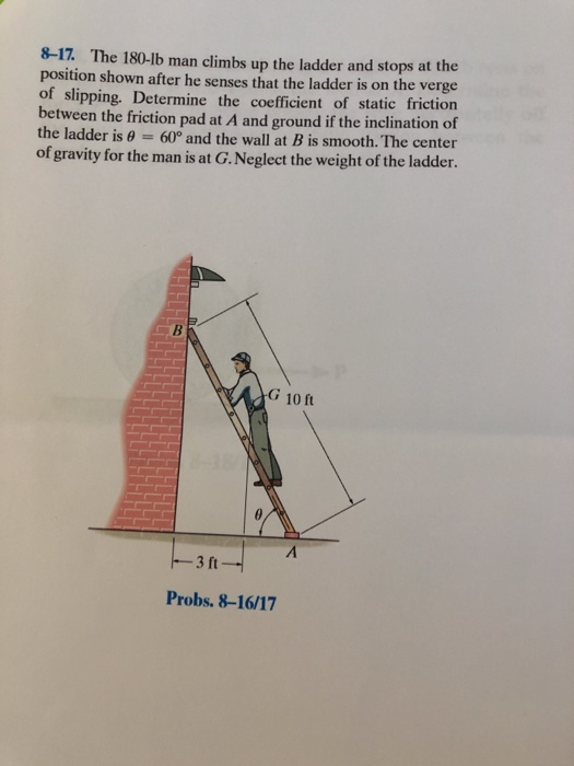 Solved 8-17. The 180-lb man climbs up the ladder and stops | Chegg.com