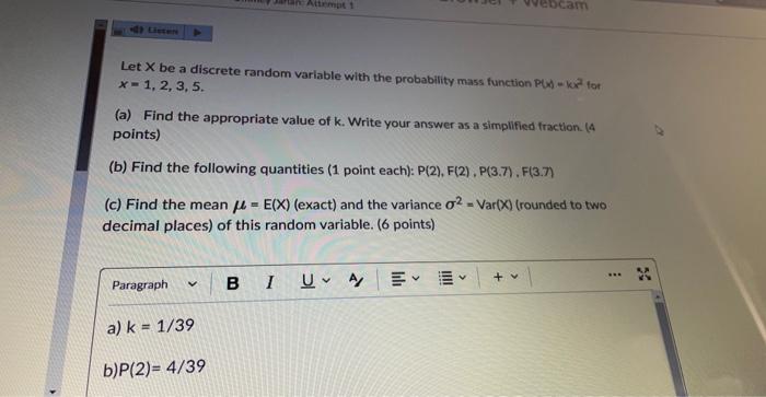 Solved Let X be a discrete random variable with the | Chegg.com