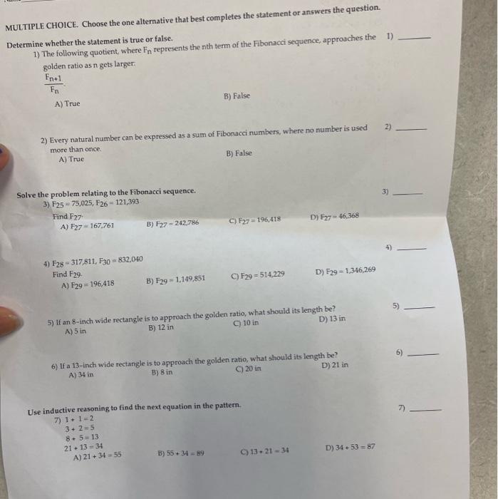 Solved MULTIPLE CHOICE. Choose the one alternative that best | Chegg.com