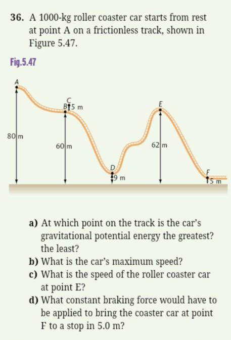 Solved 36. A 1000 kg roller coaster car starts from rest at