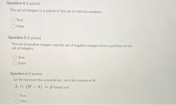 Solved Question 4 (2 points) The set of integers is a subset | Chegg.com