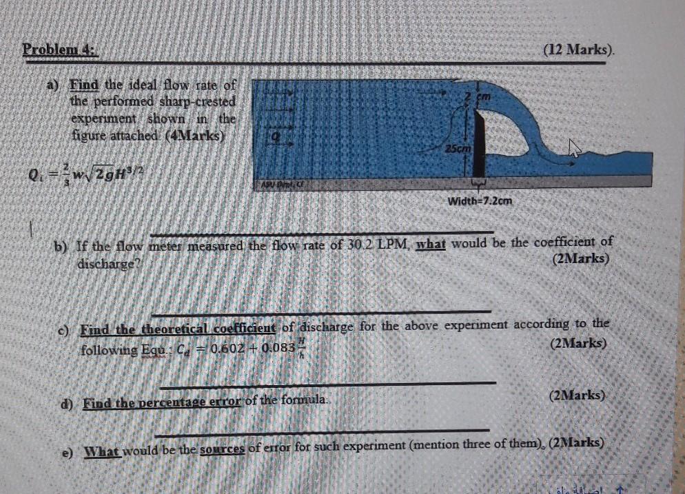 Solved Problem 4: (12 Marks). a) Find the ideal flow rate of | Chegg.com