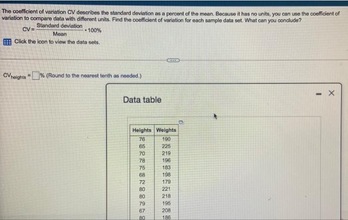 Solved The coefficient of variation CV describes the | Chegg.com