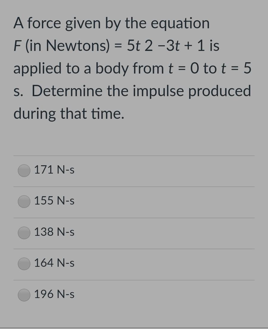 Solved = A force given by the equation F (in Newtons) = 5t 2 | Chegg.com