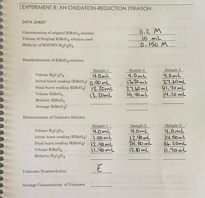 Solved EXPERIMENT 8 AN OXIDATIONREDUCTION TITRATION