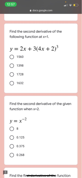 Solved 12:57 docs.google.com Find the second derivative of | Chegg.com