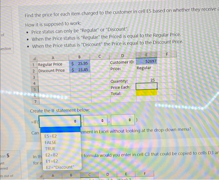 Solved First drop down: (E5=E2, FALSE, TRUE, E2=B2, E1=E2, | Chegg.com