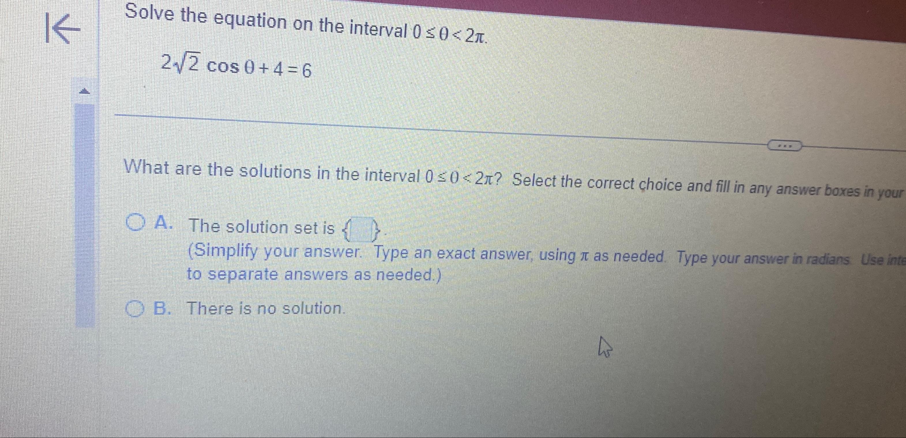 Solved Solve the equation on the interval | Chegg.com