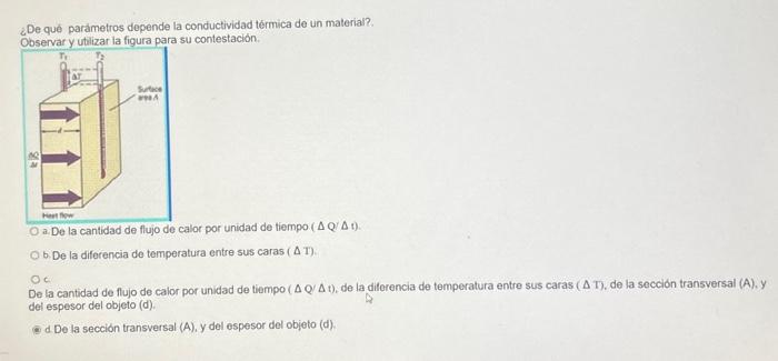 ¿De qué parămetros depende la conductividad térmica de un material? ohservar v utilizar la fioura para su contestación. a. De