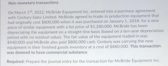Solved Non monetary Transactions On March 1st 2022 McBride Chegg