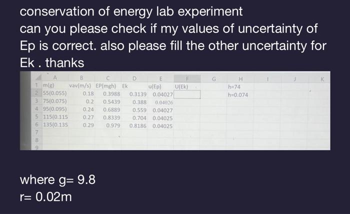 Solved conservation of energy lab experiment can you please | Chegg.com