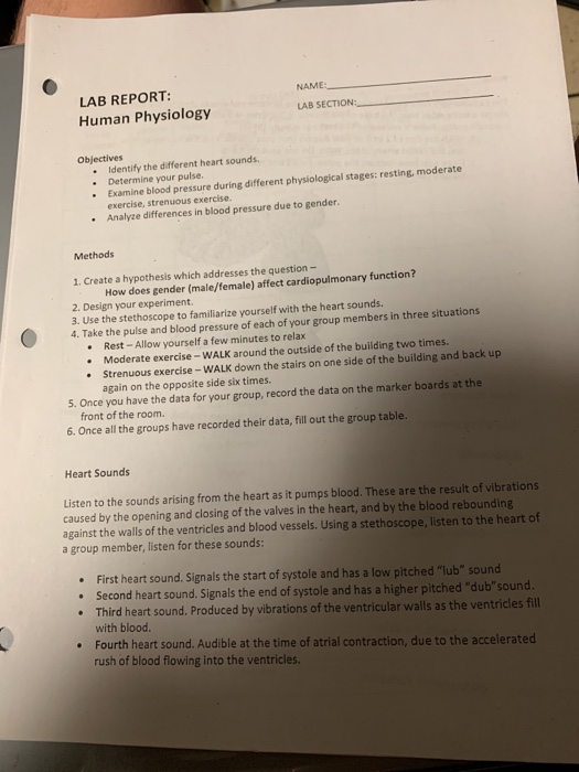 Lab Report: Human Physiology Objective• Identify the | Chegg.com