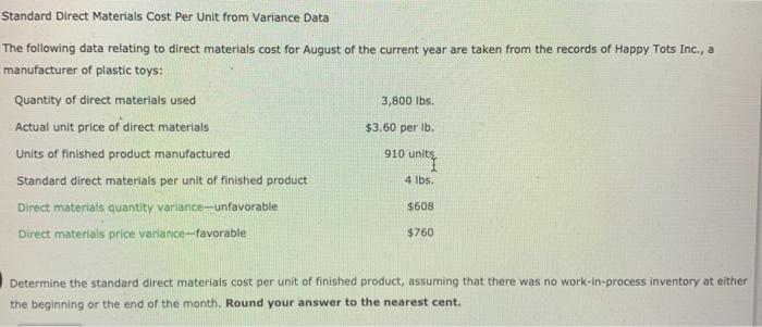 Solved Standard Direct Materials Cost Per Unit from Variance | Chegg.com