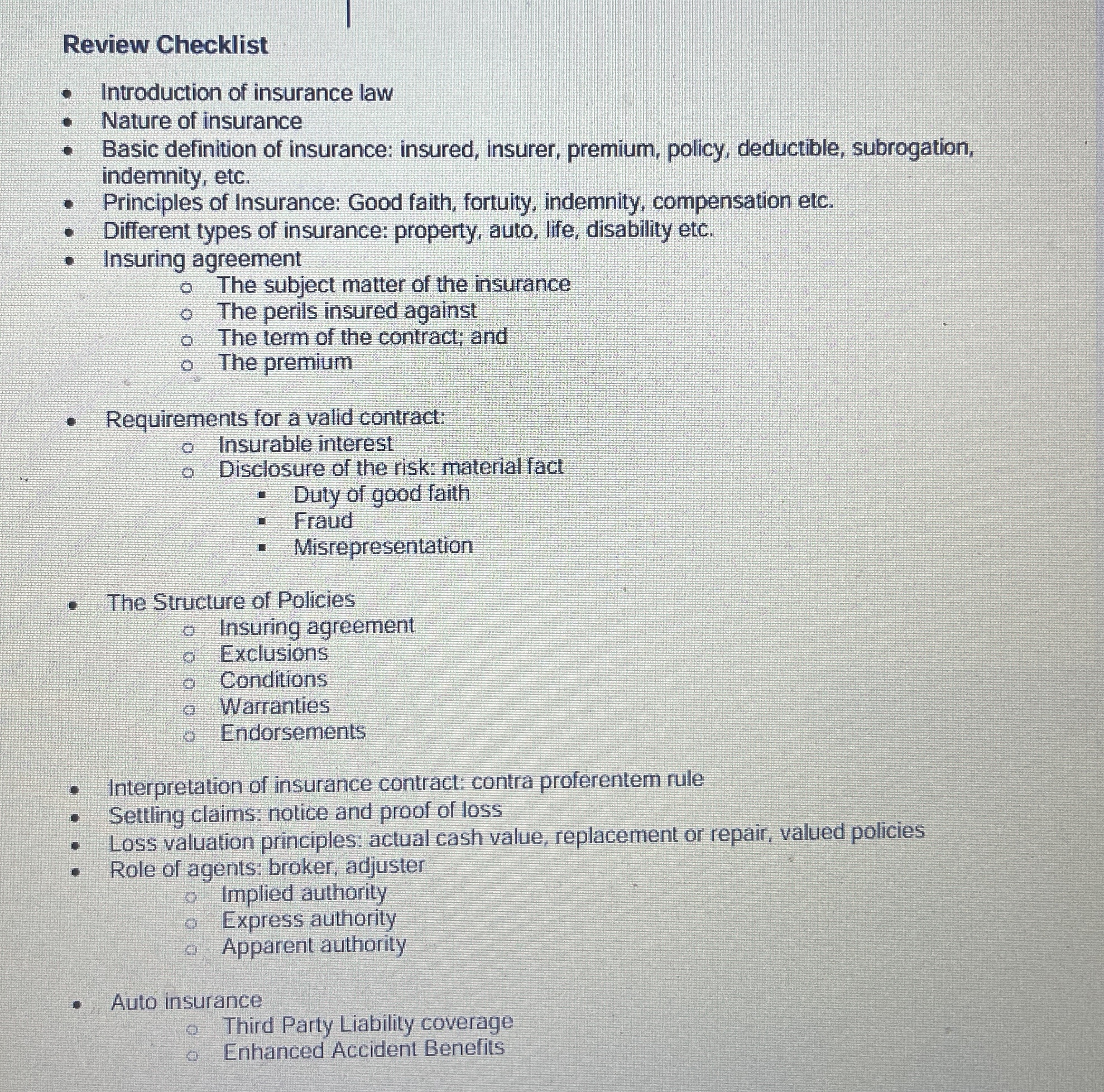Solved Review ChecklistIntroduction of insurance lawNature | Chegg.com