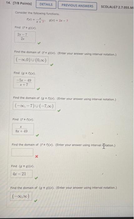 Solved Consider The Following Functions F X X 7x G X 2x−7