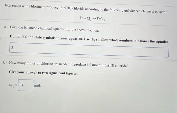 Solved Iron reacts with chlorine to produce iron(III) | Chegg.com