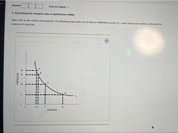 4. Calculating the marginal rate of substitution (MRS)
Hikary likes to eat cookies and popsicles. The following graph plots o