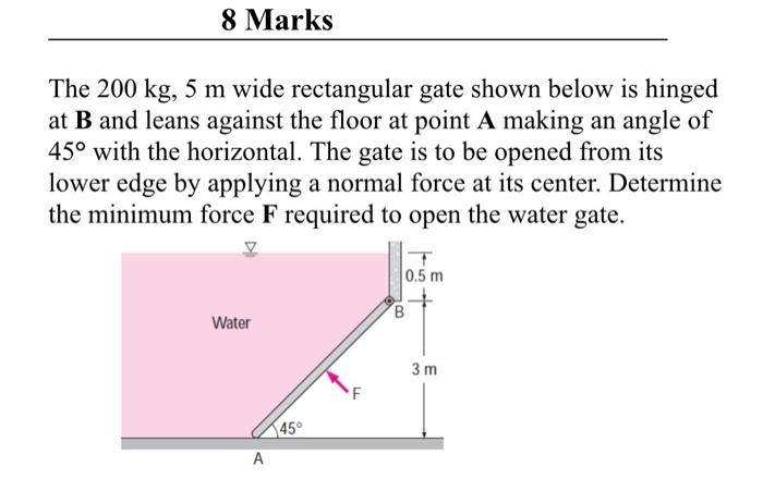 Solved 8 Marks 8 The 200 kg, 5 m wide rectangular gate shown | Chegg.com