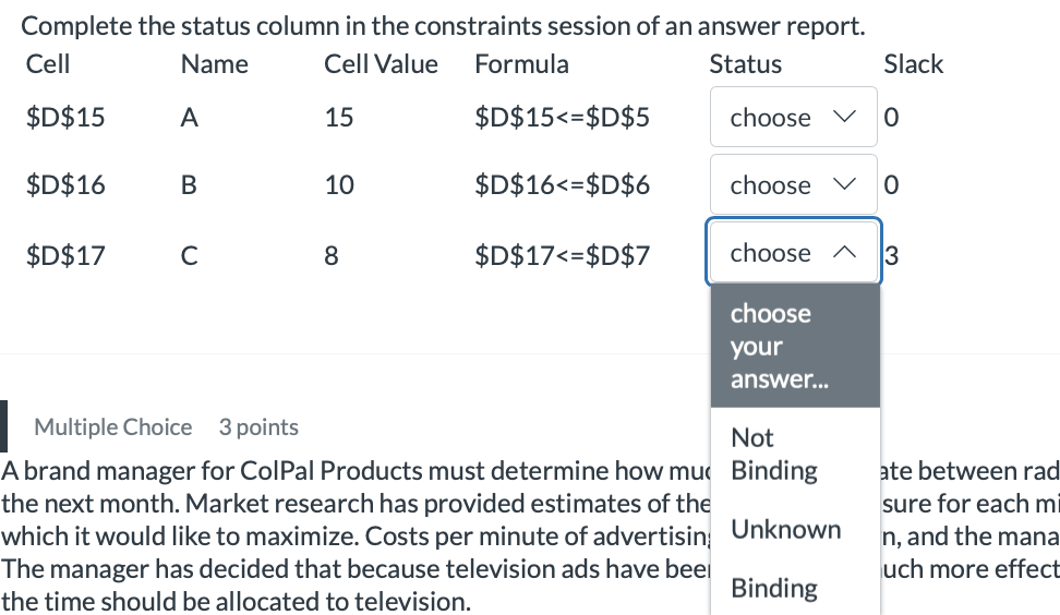 Solved Complete the status column in the constraints session | Chegg.com