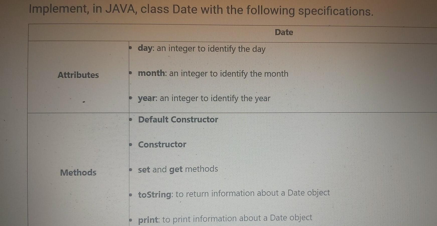 Solved Implement, in JAVA, class Date with the following | Chegg.com