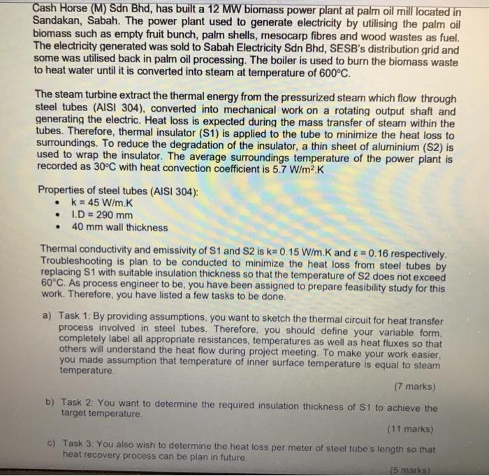 Solved Cash Horse M Sdn Bhd Has Built A 12 Mw Biomass Chegg Com