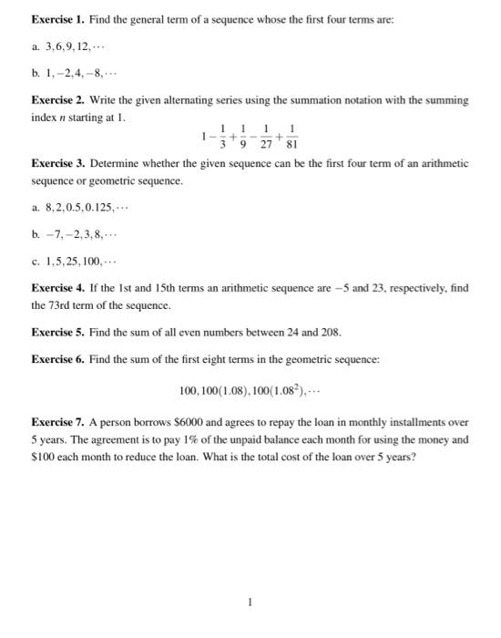 Solved Exercise 1. Find the general term of a sequence whose | Chegg.com